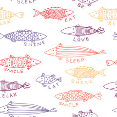 Fishes doodle vector pattern, animal seamless background with motivation slogans