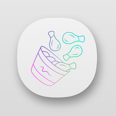 Chicken bucket app icon. BBQ chicken drumsticks, legs. Unhealthy fast food. Cafe, restaurant, steakhouse menu. UI/UX user interface. Web or mobile applications. Vector isolated illustrations