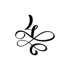 Vector Hand Drawn calligraphic floral number 4 monogram or logo. Hand Lettering numeral Four with swirls and curl. Wedding Floral Design