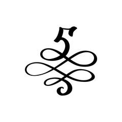 Vector Hand Drawn calligraphic floral number 5 monogram or logo. Hand Lettering numeral Five with swirls and curl. Wedding Floral Design