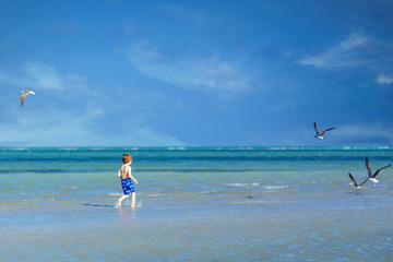 Fototapeta na wymiar Active little kid boy having fun on Miami beach, Key Biscayne. Happy cute child running near ocean on warm sunny day. Healthy kid in swim trousers hunting seagull birds