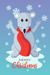 Holiday vector christmas card with cute flat mouse animal character