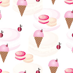 seamless pattern with ice cream cone and pink macaroons vector - pink theme