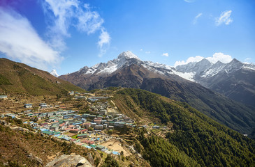 Namche Bazaar aerial view, mount Thamserku, Everest trek, Himalaya, Nepal