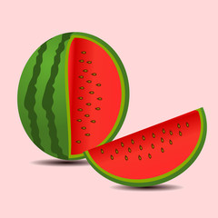 Watermelon slice with seeds isolated on color background.