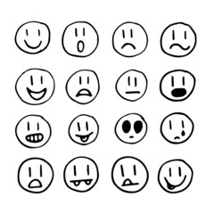 Set of doodle faces different moods. Hand drawn emoji 