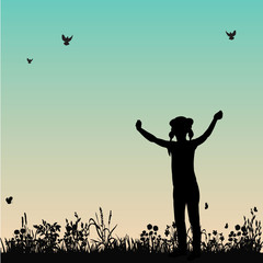 isolated, on the background of nature, silhouette child girl