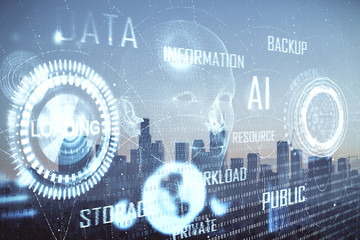 Data theme hologram drawing on city view with skyscrapers background multi exposure. Bigdata...