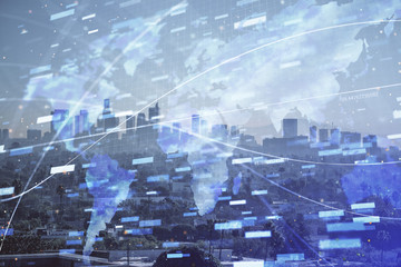 Data theme hologram drawing on city view with skyscrapers background multi exposure. Bigdata concept.