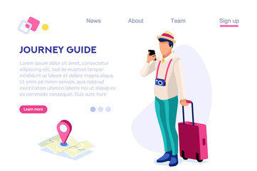 Journey Guide. Person with Luggage. Tourist Collection. Photographing Set, Sight, Art Visiting. Tourism for Young. Travel Clip, Traveling. Cartoon Flat Vector Illustration Hero Images Isometric Banner