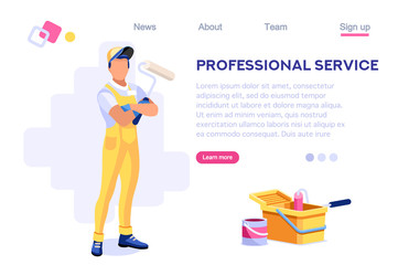 Wall Repair Professional, Home Clip. Painting Work, Roller Set, Vacuuming Design, Sweeping Wallpaper. Service Cleaner Element. Worker Cartoon Flat Vector Illustration Banner Isolated Isometric Concept