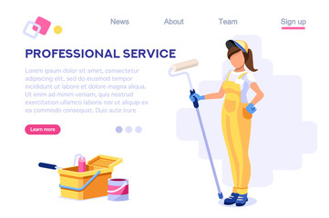 Wall Repair Professional, Home Clip. Painting Work, Roller Set, Vacuuming Design, Sweeping Wallpaper. Service Cleaner Element. Worker Cartoon Flat Vector Illustration Banner Isolated Isometric Concept