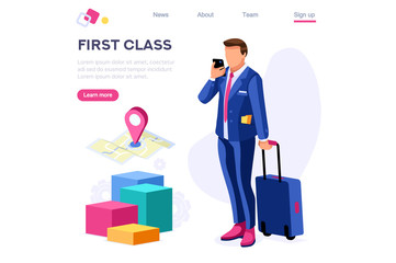 Tourism Clip Customer Collection. Cart for Travel, Businessman Client Set with Baggage Element, Staff, Art. European Person at the Hotel. Cartoon Flat Vector Illustration, Hero Images Isometric Banner