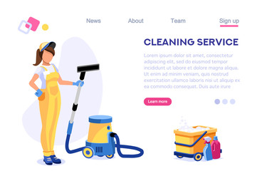 Profession Service Supply Work. Cleaner Web Floor Page. Professional Home Vacuum Set. Mess Template Sweeping Banner. Isometric Cartoon Flat Vector Illustration Isolated on White Background Concept.