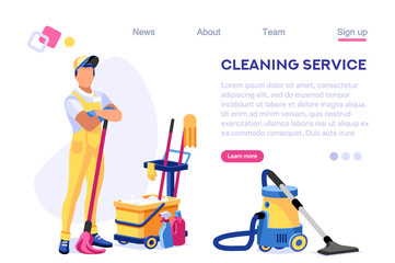 Profession Service Supply Work. Cleaner Web Floor Page. Professional Home Vacuum Set. Mess Template Sweeping Banner. Isometric Cartoon Flat Vector Illustration Isolated on White Background Concept.