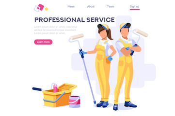 Wall Repair Professional, Home Clip. Painting Work, Roller Set, Vacuuming Design, Sweeping Wallpaper. Service Cleaner Element. Worker Cartoon Flat Vector Illustration Banner Isolated Isometric Concept
