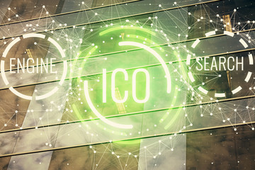 Multi exposure of cryptocurrency theme hologram drawing and city veiw background. Concept of blockchain and bitcoin.