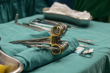 Surgical Instruments during surgery in operation room at the hospital.