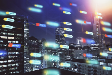 Data theme hologram drawing on city view with skyscrapers background multi exposure. Ai concept.