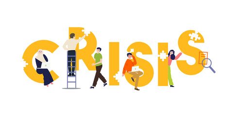 Crisis in business, team try to stop patch problem. Business crisis and teamwork concept fixing it. Large text illustration