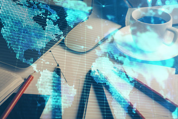 Obraz premium Double exposure of business theme icons and work space with computer background. Concept of success.