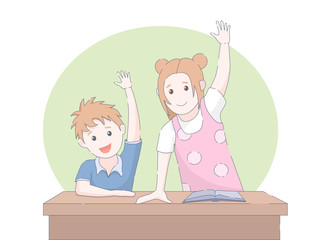 Two smiling young school children arms raised in class