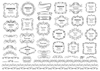 Fototapeta na wymiar Calligraphic design elements . Decorative swirls or scrolls, vintage frames , flourishes, labels and dividers. Retro vector illustration.