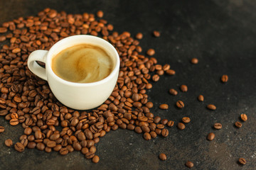 coffee freshly brewed in a white cup serving of beverage (coffee grain). food. top. copy space