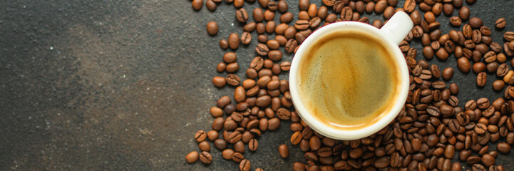 coffee freshly brewed in a white cup serving of beverage (coffee grain). food. top. copy space