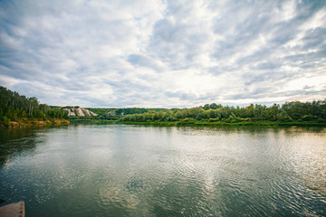 Forest lake summer landscape. Summer forest lake panorama