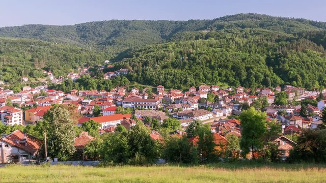 Beautiful panoramic view of the old town in Tryavna, Bulgaria. Time lapse zoom in.