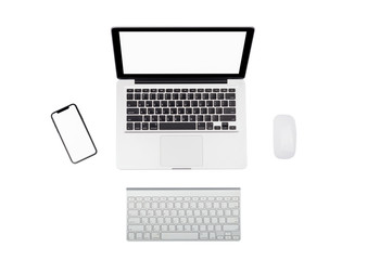 Laptop , smartphone isolated on white background . Modern digital devices and gadgets.