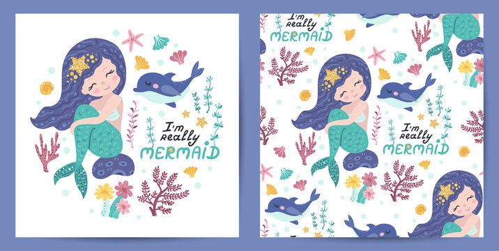 Set of seamless pattern and card with cute mermaid