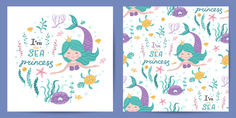 Fototapeta na wymiar Set of seamless pattern and card with cute mermaid