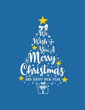 Text We Wish You A Merry Christmas and A Happy New Year Text Pine Tree Spruce Vector - Greeting Cards Clean Blue Background