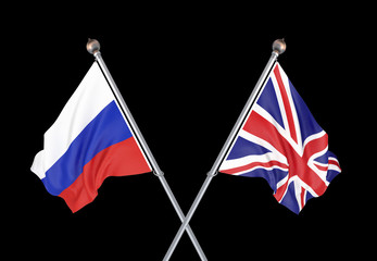 Russia vs United Kingdom. Thick colored silky flags of Russia and United Kingdom. 3D illustration on black background. – Illustration.