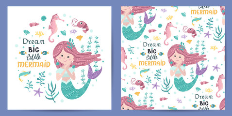 Fototapeta premium Set of seamless pattern and card with cute mermaid