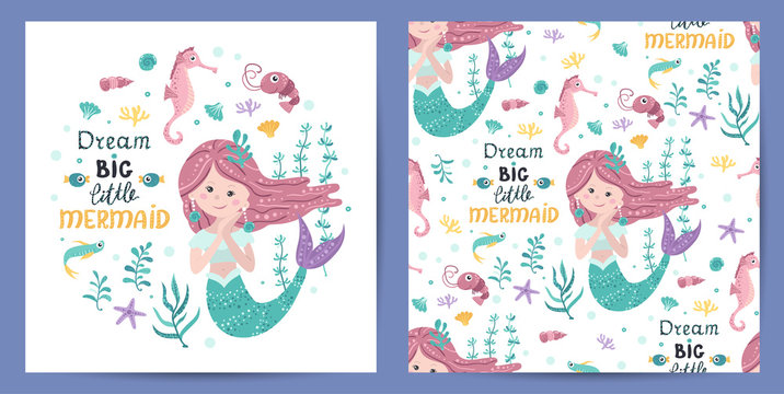 Set of seamless pattern and card with cute mermaid
