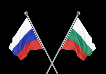 Russia vs Bulgaria. Thick colored silky flags of Russia and Bulgaria. 3D illustration on black background. – Illustration.