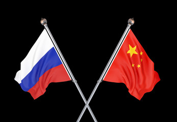 Russia vs China. Thick colored silky flags of Russia and China. 3D illustration on black background. – Illustration.