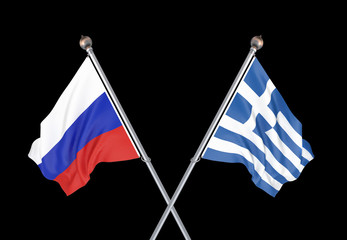 Russia vs Greece. Thick colored silky flags of Russia and Greece. 3D illustration on black background. – Illustration.