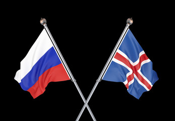Russia vs Iceland. Thick colored silky flags of Russia and Iceland. 3D illustration on black background. – Illustration.