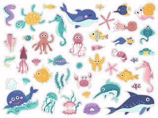 Big set of stickers with cute marine inhabitants. © nafanya241