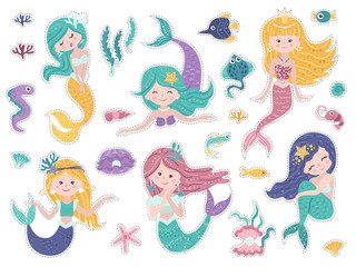 Set of stickers with cute mermaids and sea nature.