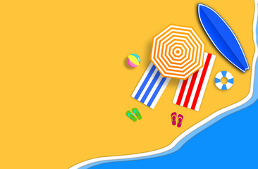 Summer concept. Gold sandy beach, sea and relax places. Handmade, paper composition.