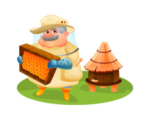 Naklejka premium Beekeeper man inspects a wooden frame with honeycombs