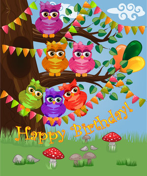 A cute flirtatious owl sits on a tree decorated with garlands, balloons, a postcard, a cartoon children's style, spring. Inscription Happy Birthday
