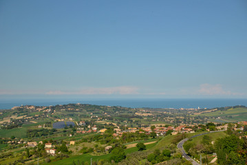 panoramic view of Recanati in Italy with the Adriatic sea