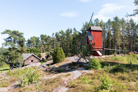 Aland Islands, Finland - Jan Karlsgorden Ethnographic Museum near Castelholm Castle. Old  windmills.
