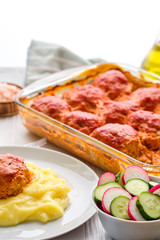 Meatballs and mashed potato. Rustic dinner.